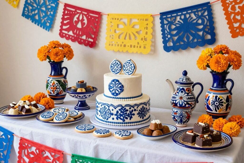 Wedding dessert table with Talavera-patterned cookies, cake, and pottery serving pieces Wedding dessert table with Talavera-patterned cookies, cake, and pottery serving pieces
