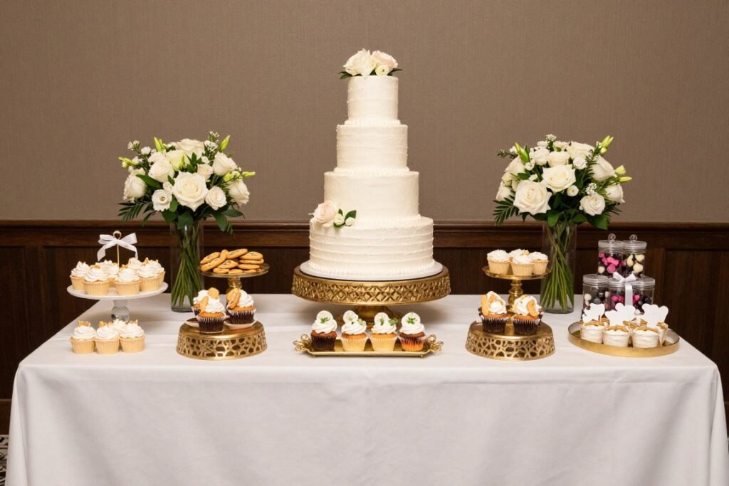 Wedding dessert table with decorative display