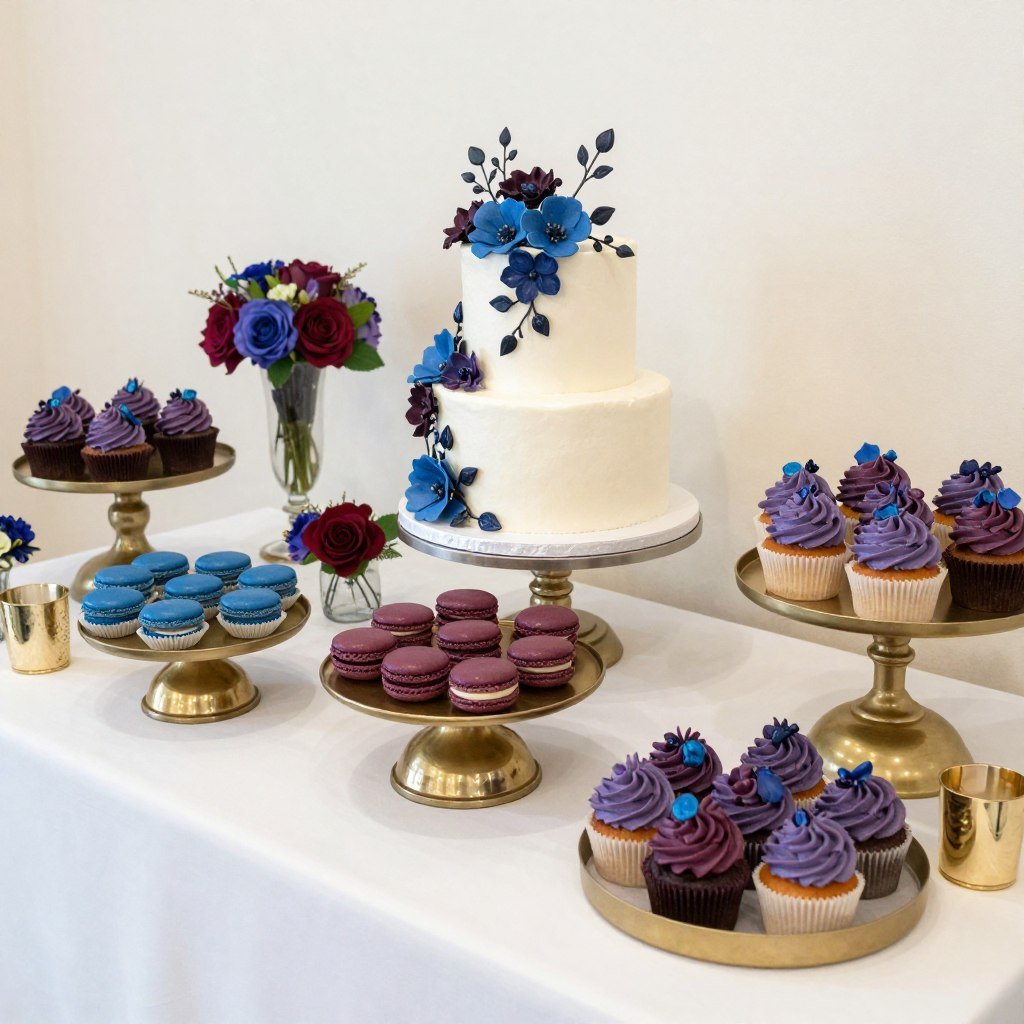 Wedding dessert table with jewel tone macarons, cupcakes, and cake on gold stands Wedding dessert table with jewel tone macarons, cupcakes, and cake on gold stands
