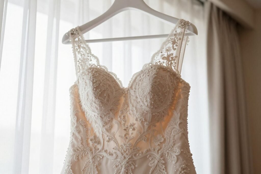 Wedding dress hanging with detailed lace and beadwork visible