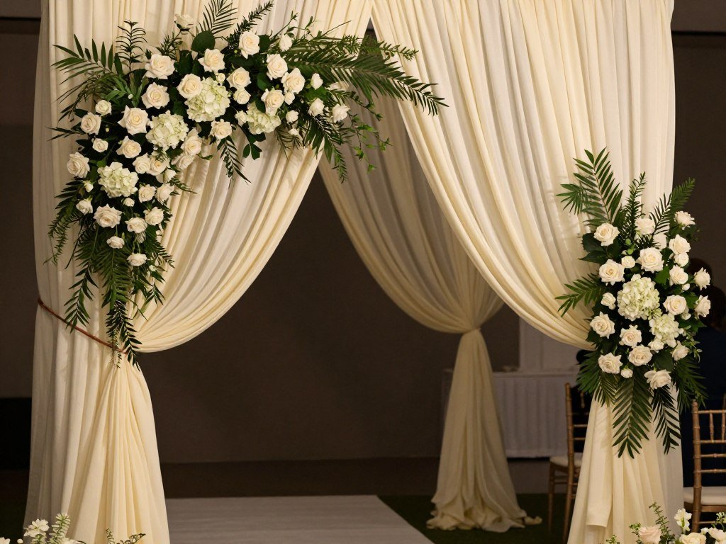Wedding entrance combining draped fabric with floral arrangements Wedding entrance combining draped fabric with floral arrangements