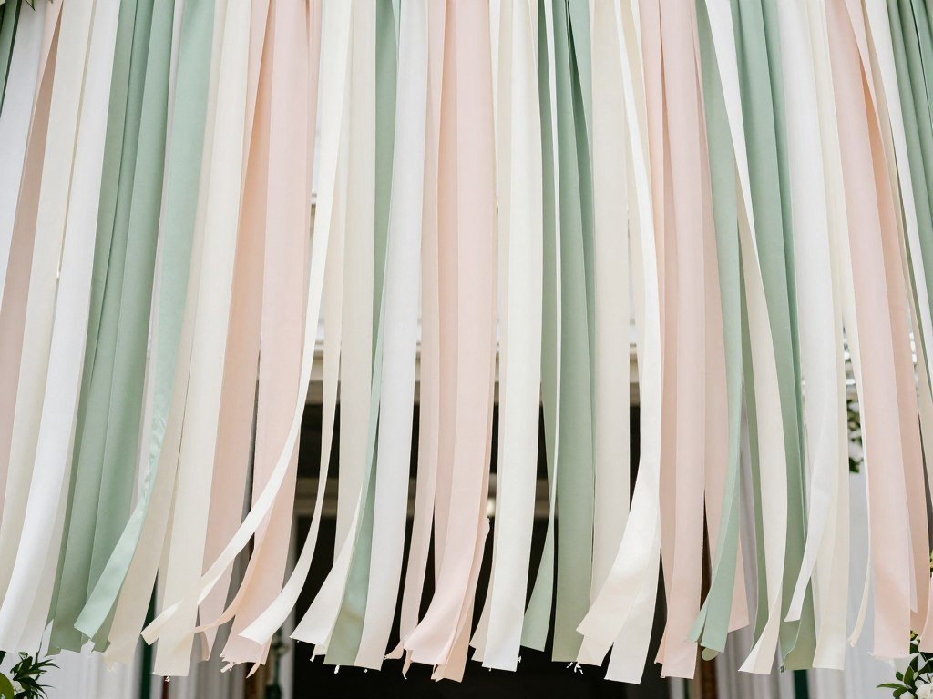 Wedding entrance decorated with colorful ribbon streamers creating movement Wedding entrance decorated with colorful ribbon streamers creating movement