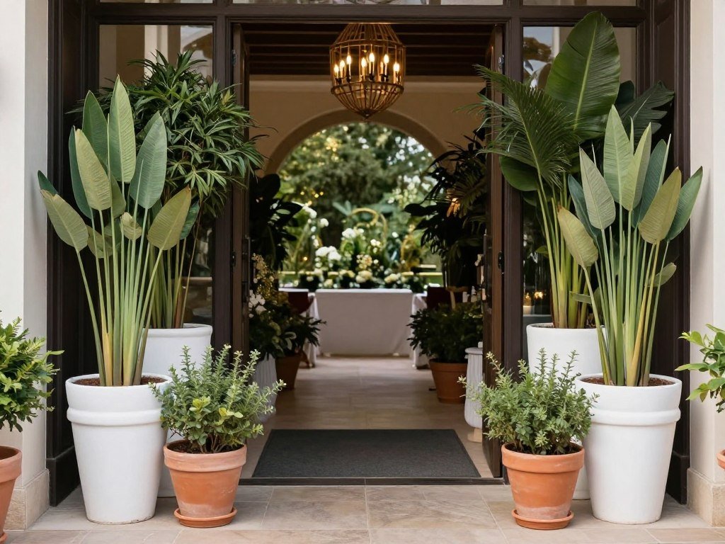 Wedding entrance decorated with various heights of potted plants Wedding entrance decorated with various heights of potted plants