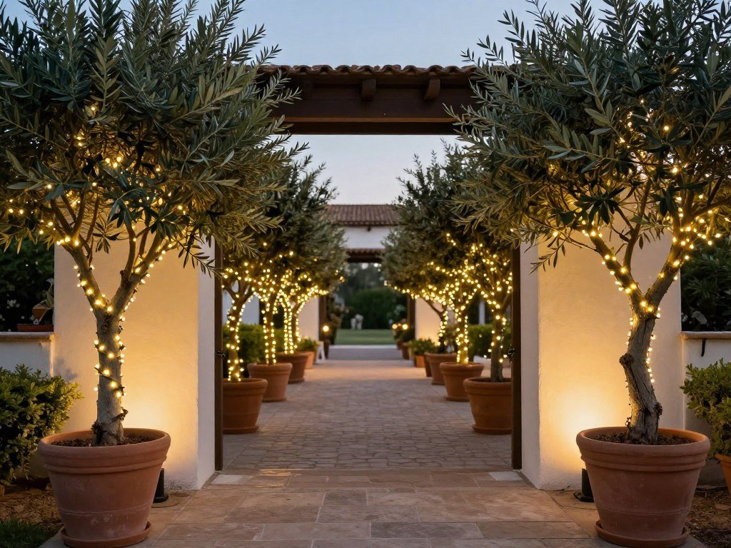 Wedding entrance lined with potted olive trees and twinkling lights Wedding entrance lined with potted olive trees and twinkling lights