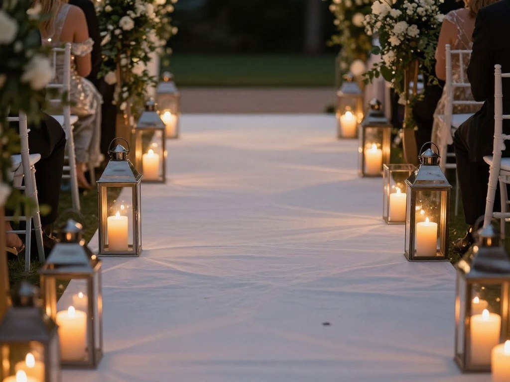 Wedding entrance pathway lined with candles in lanterns
