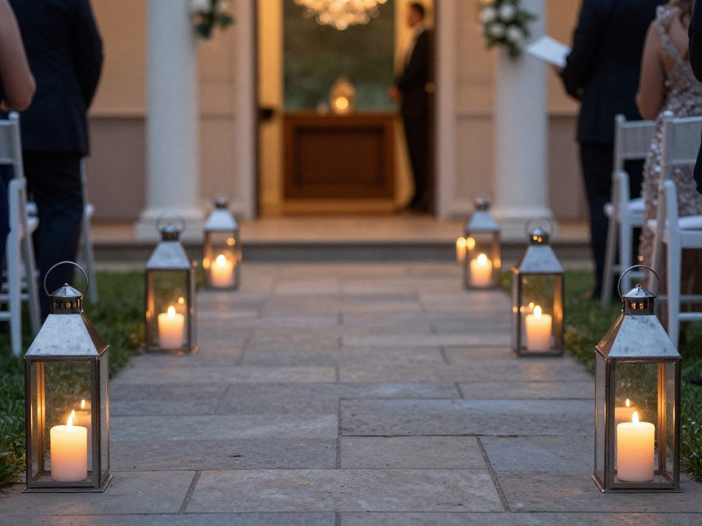 Wedding entrance pathway lined with lanterns and candles Wedding entrance pathway lined with lanterns and candles