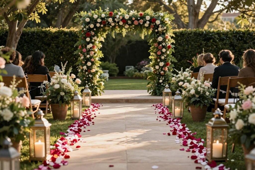 Wedding entrance pathway lined with lanterns and flower petals