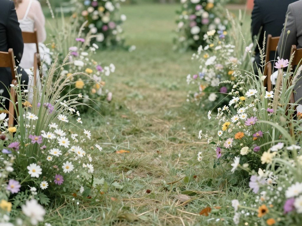 Wedding entrance pathway lined with wildflowers creating meadow effect Wedding entrance pathway lined with wildflowers creating meadow effect