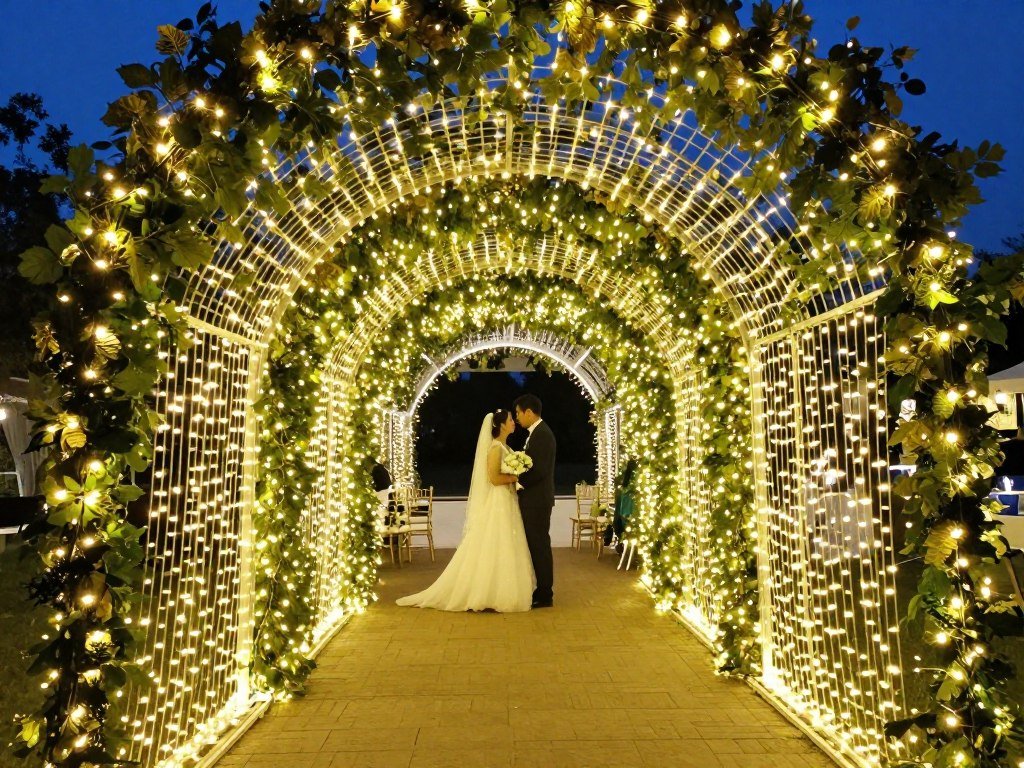 Wedding entrance tunnel created with fairy lights and greenery Wedding entrance tunnel created with fairy lights and greenery