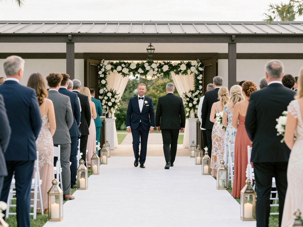 Wedding entrance with clear pathway and directional elements Wedding entrance with clear pathway and directional elements