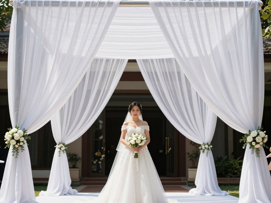 Wedding entrance with flowing white fabric drapes and floral accents Wedding entrance with flowing white fabric drapes and floral accents