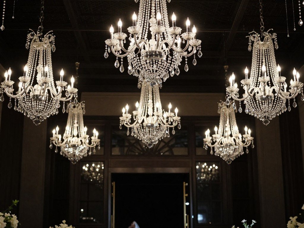 Wedding entrance with hanging crystal chandeliers creating luxury atmosphere Wedding entrance with hanging crystal chandeliers creating luxury atmosphere