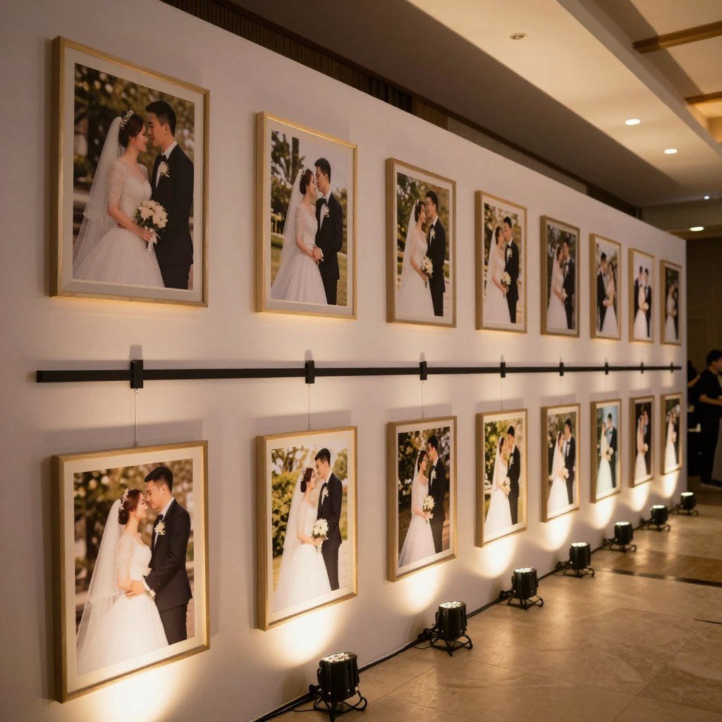 Wedding entrance with timeline of couple's relationship photos
