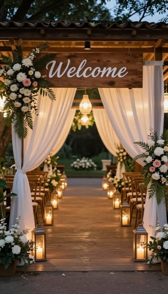 Wedding entrance with welcome sign and floral decorations
