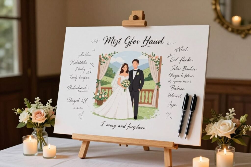 Wedding guest book alternative featuring a custom illustration for guests to sign