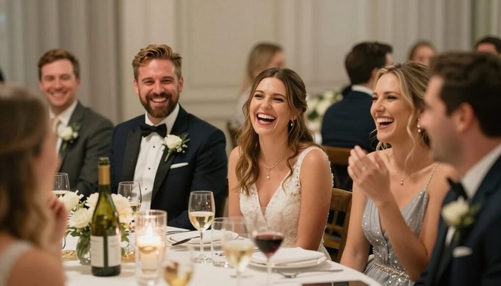 Wedding guests laughing together at reception table