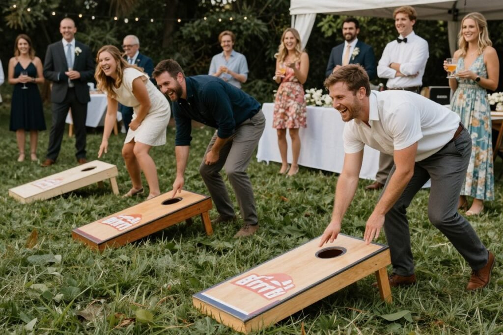 Wedding guests playing lawn games