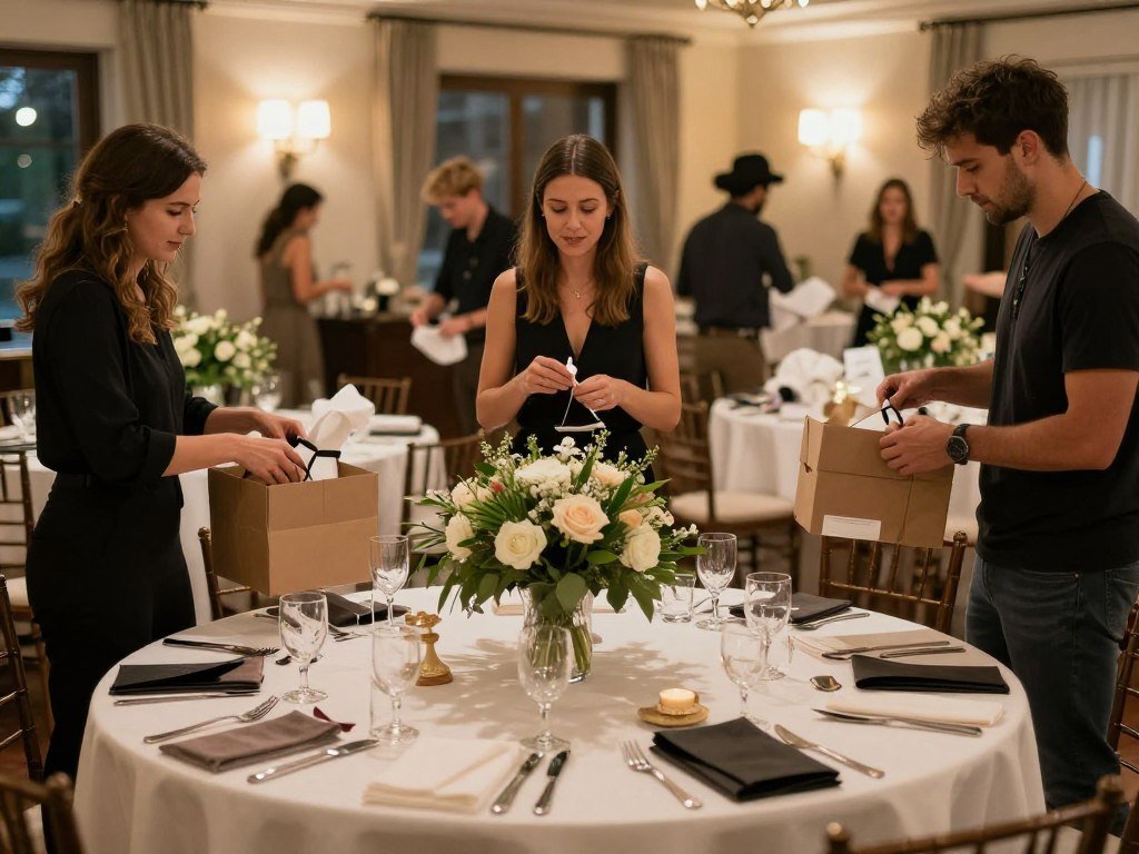 Wedding guests taking home centerpieces and flower arrangements after the reception