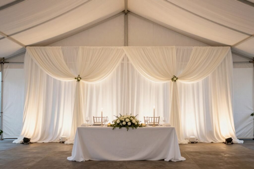 Wedding head table with elegant fabric backdrop illuminated with subtle lighting