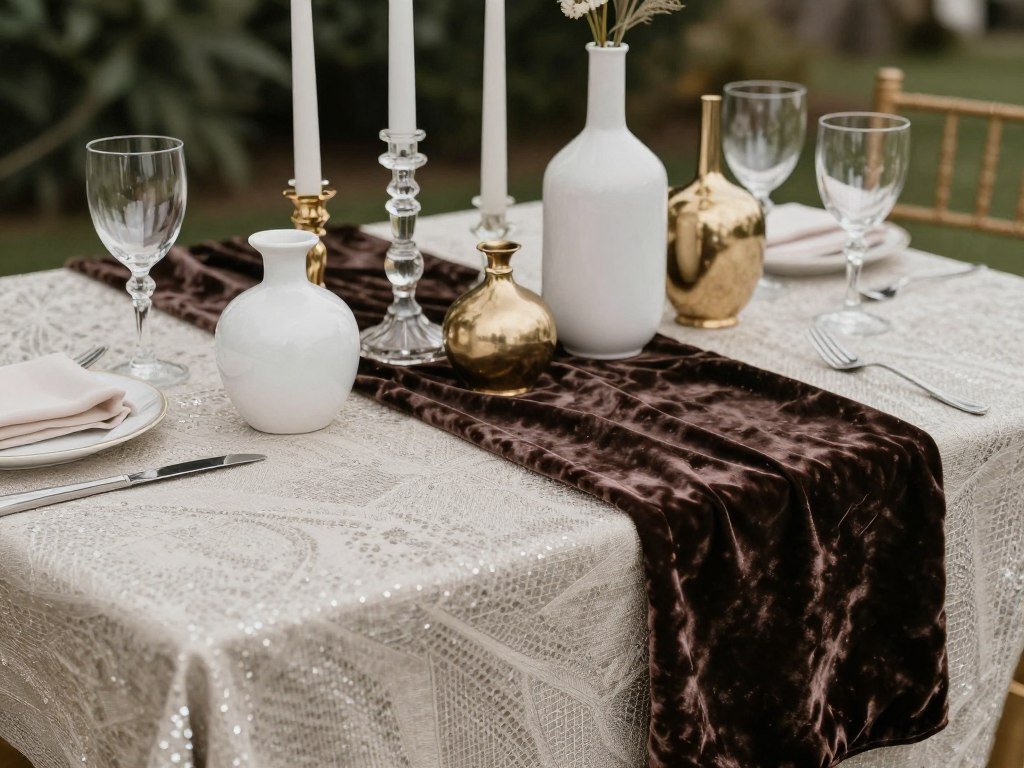 Wedding head table with multiple textural layers creating visual interest