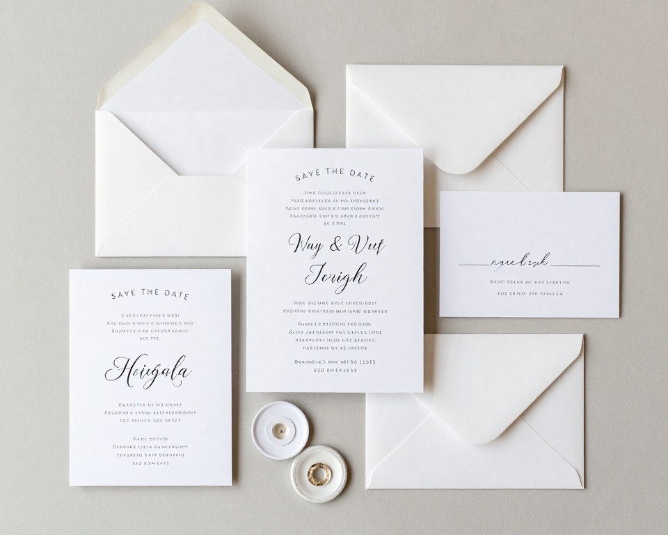 Wedding invitation suite laid out showing all paper goods