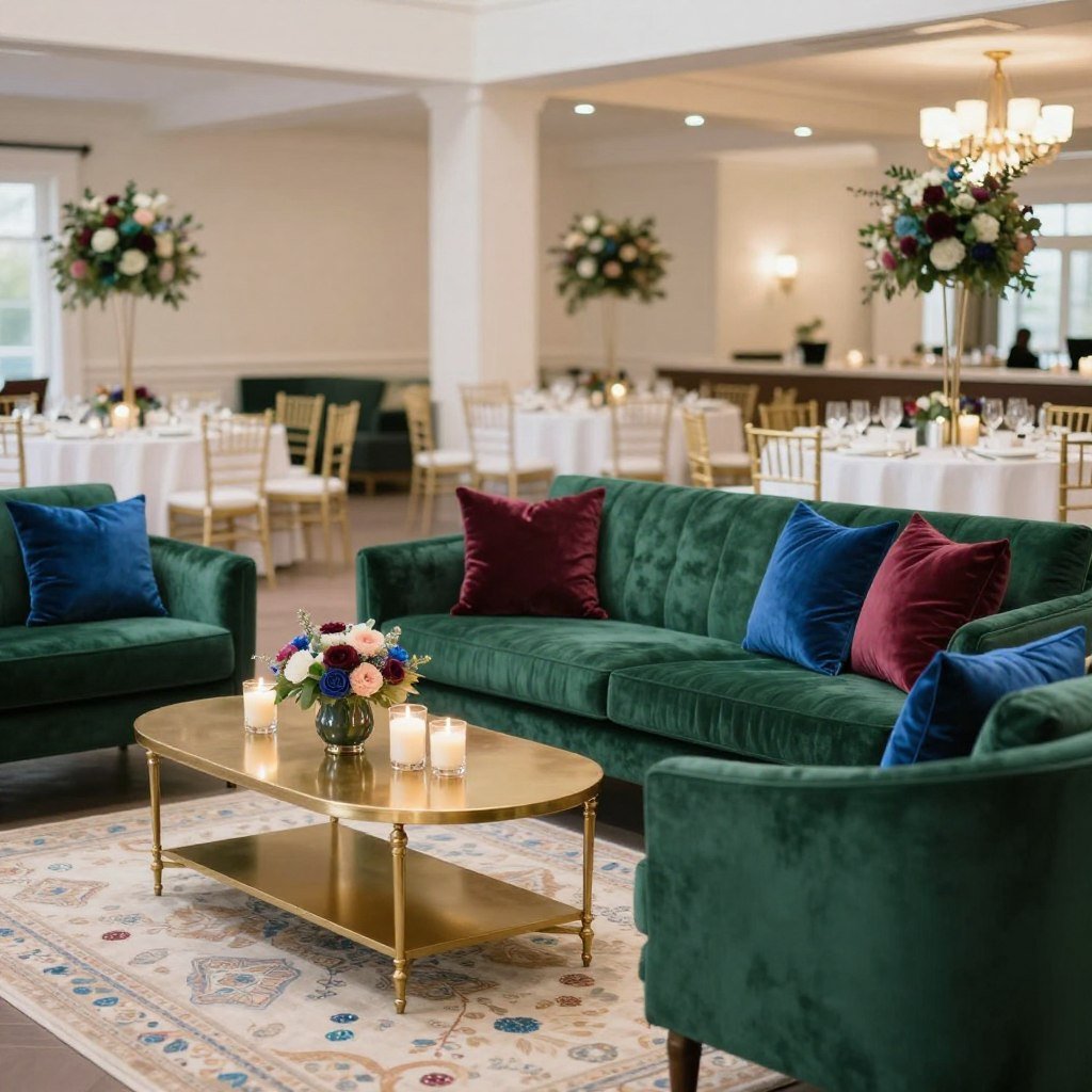 Wedding lounge area with emerald velvet sofa, jewel tone pillows, and gold accents Wedding lounge area with emerald velvet sofa, jewel tone pillows, and gold accents