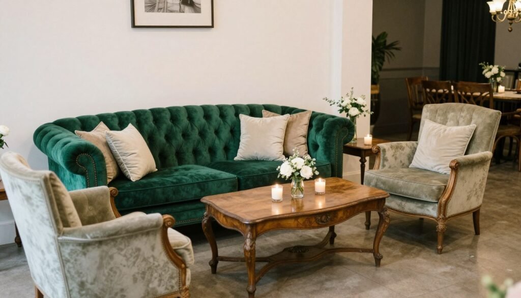 Wedding lounge area with vintage velvet furniture and decorative accents