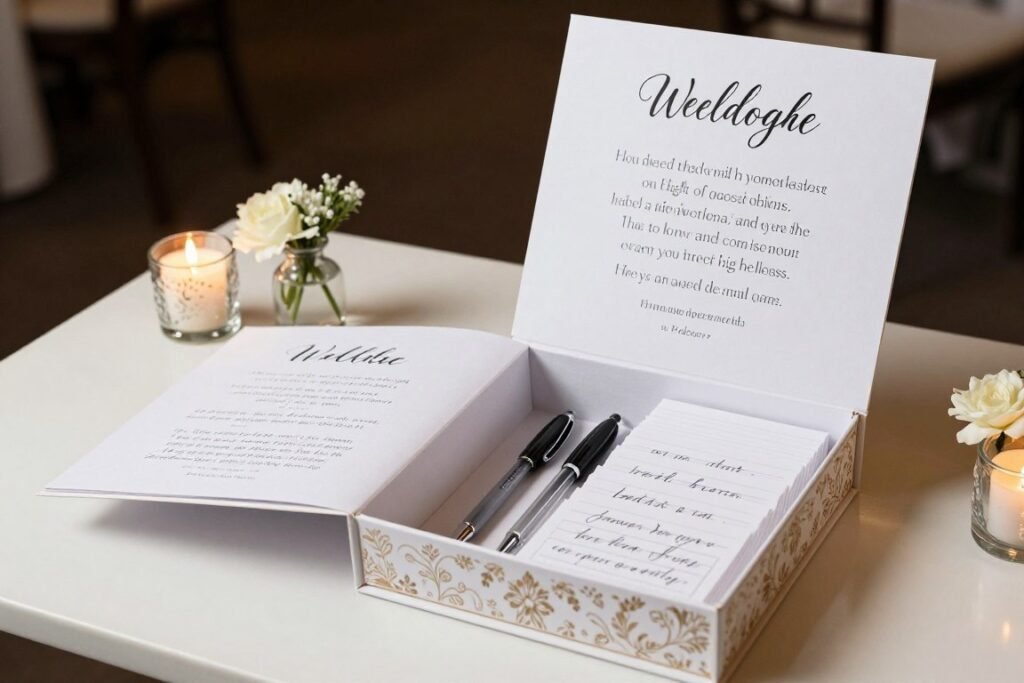 Wedding memory box with custom cards for guests to write advice and well wishes