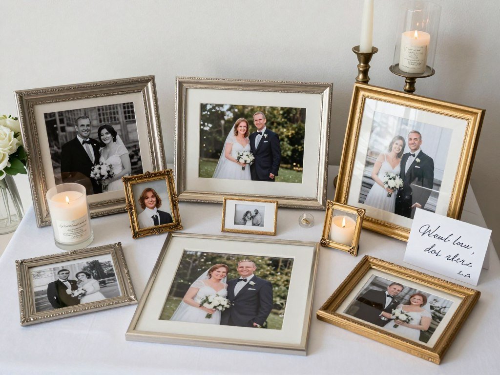 Wedding memory table with framed photos, personal mementos, and decorative elements Wedding memory table with framed photos, personal mementos, and decorative elements