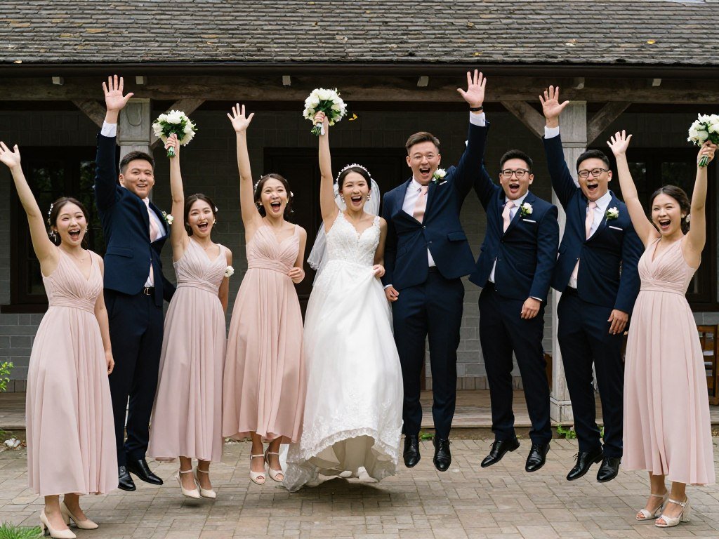 Wedding party jumping in the air simultaneously with excited expressions