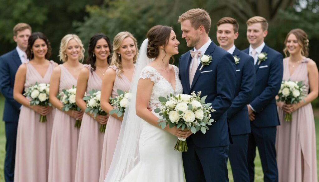 Wedding party showing blush pink dresses with green and blue accent colors