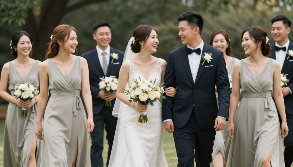 Wedding party walking together laughing and talking naturally