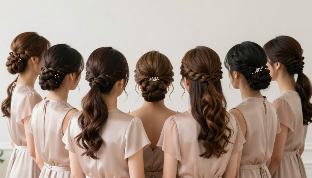 Wedding party with coordinated bridesmaid hairstyles showing cohesive styling approach