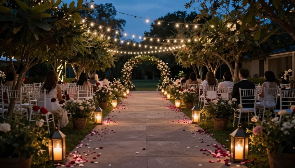 Wedding pathway decorated with lanterns and petals