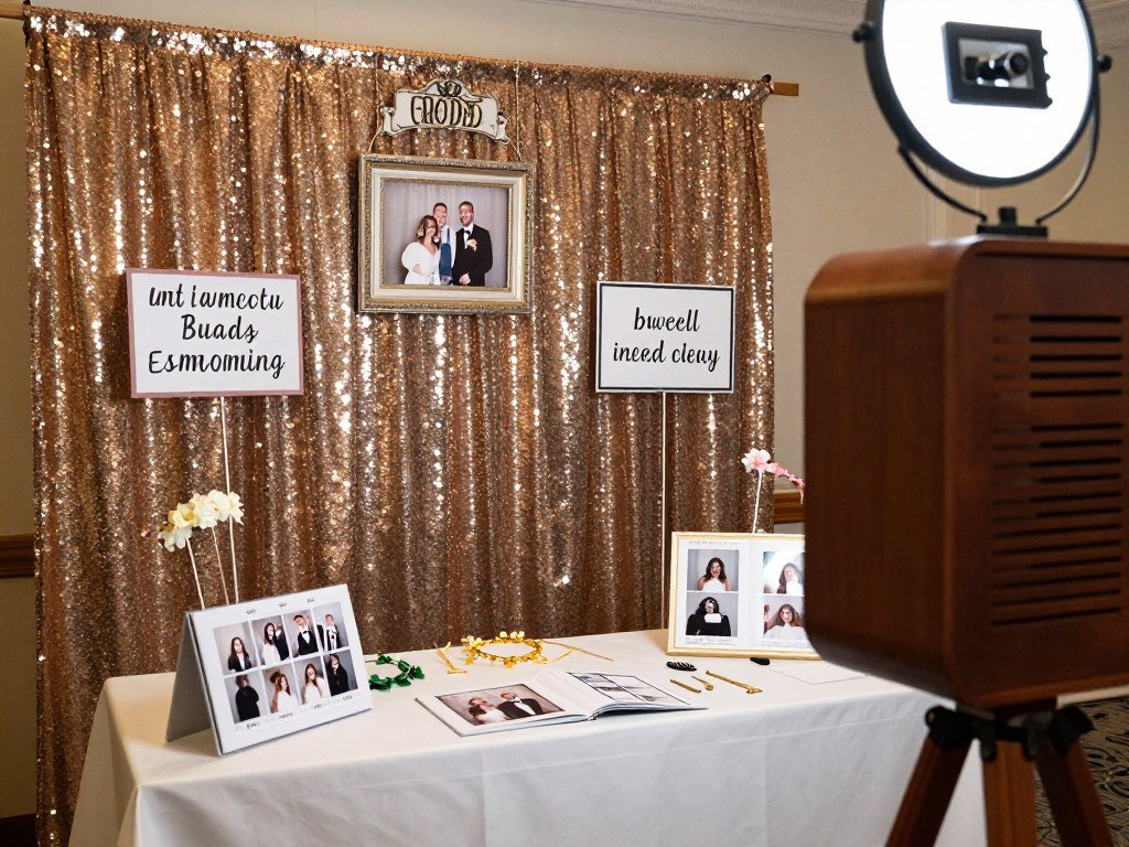 Wedding photo booth with fun backdrop and props
