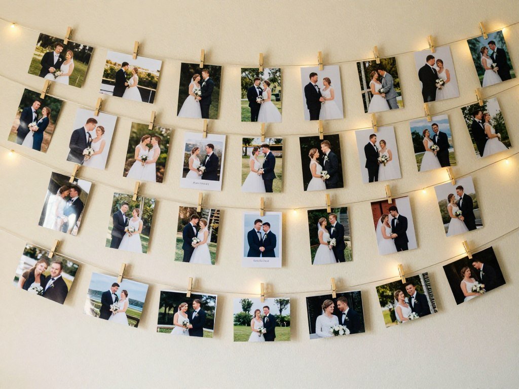 Wedding photo display with string lights and clothespins holding couple's journey photos