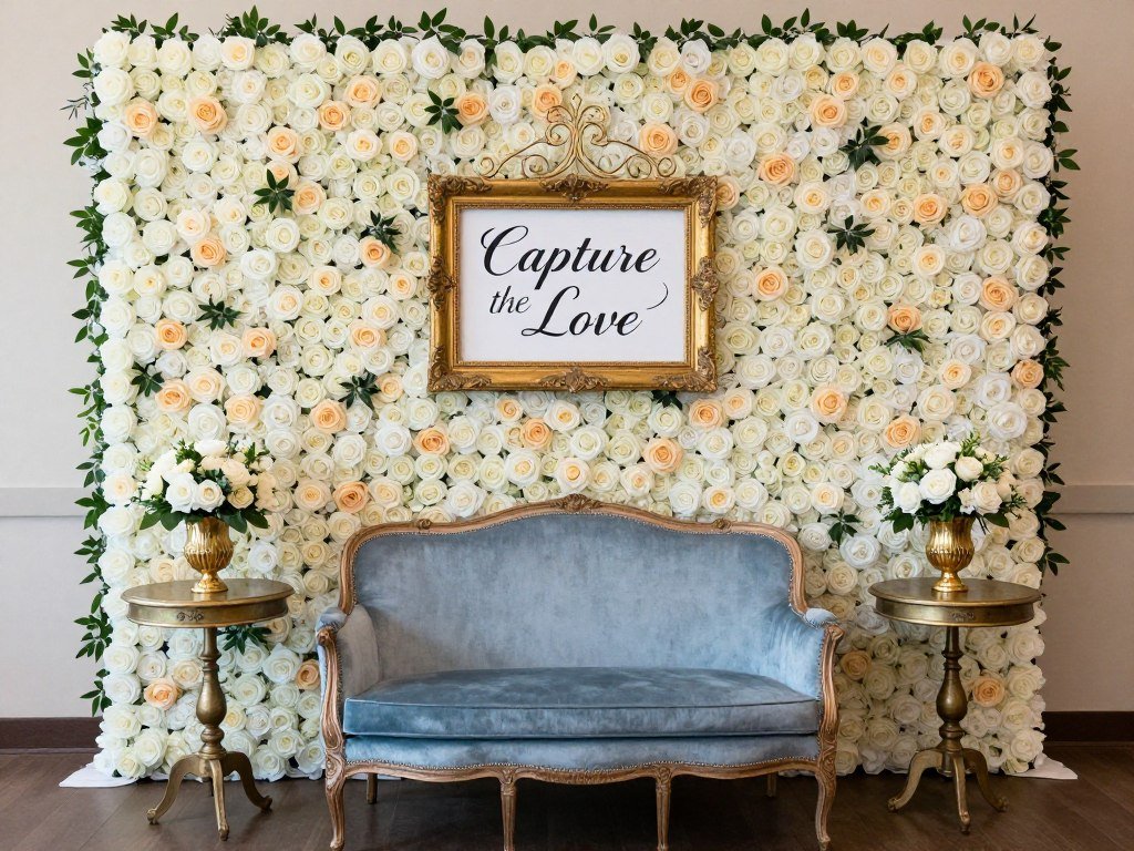 Wedding photo station with flower wall and vintage furniture