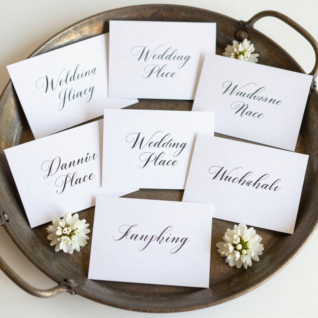 Wedding place cards displayed with calligraphy and floral accents