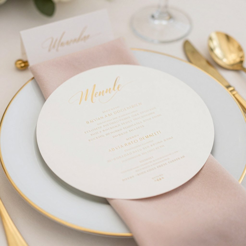 Wedding place setting with custom menu card and place card in a circular design