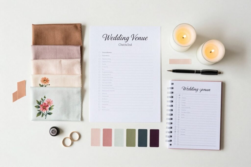 Wedding planner with decoration checklist, fabric swatches, and floral samples Wedding planner with decoration checklist, fabric swatches, and floral samples