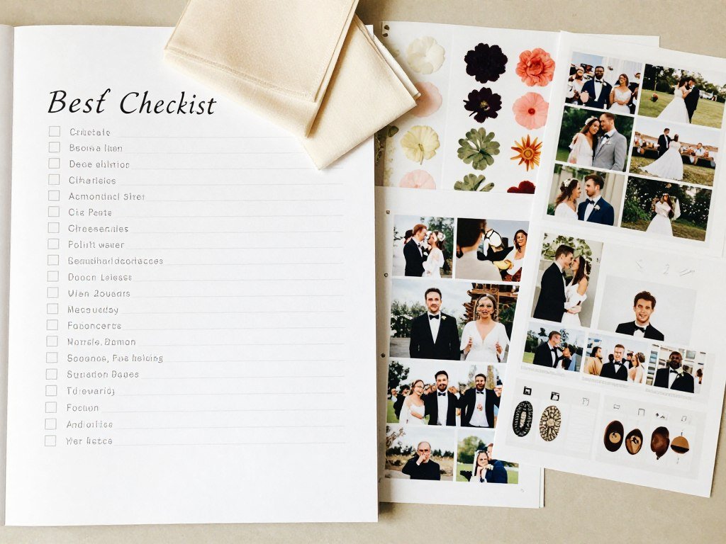 Wedding planning checklist and decoration samples organized on table