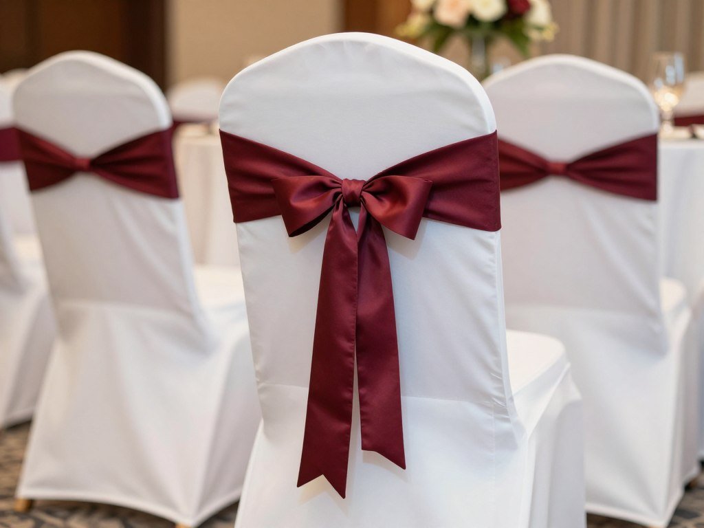 Wedding reception chair with full chair cover and sash