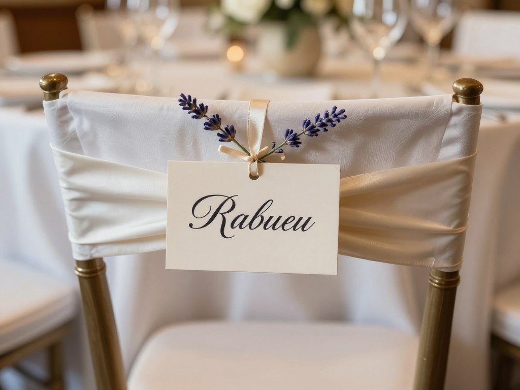 Wedding reception chair with personalized name tag
