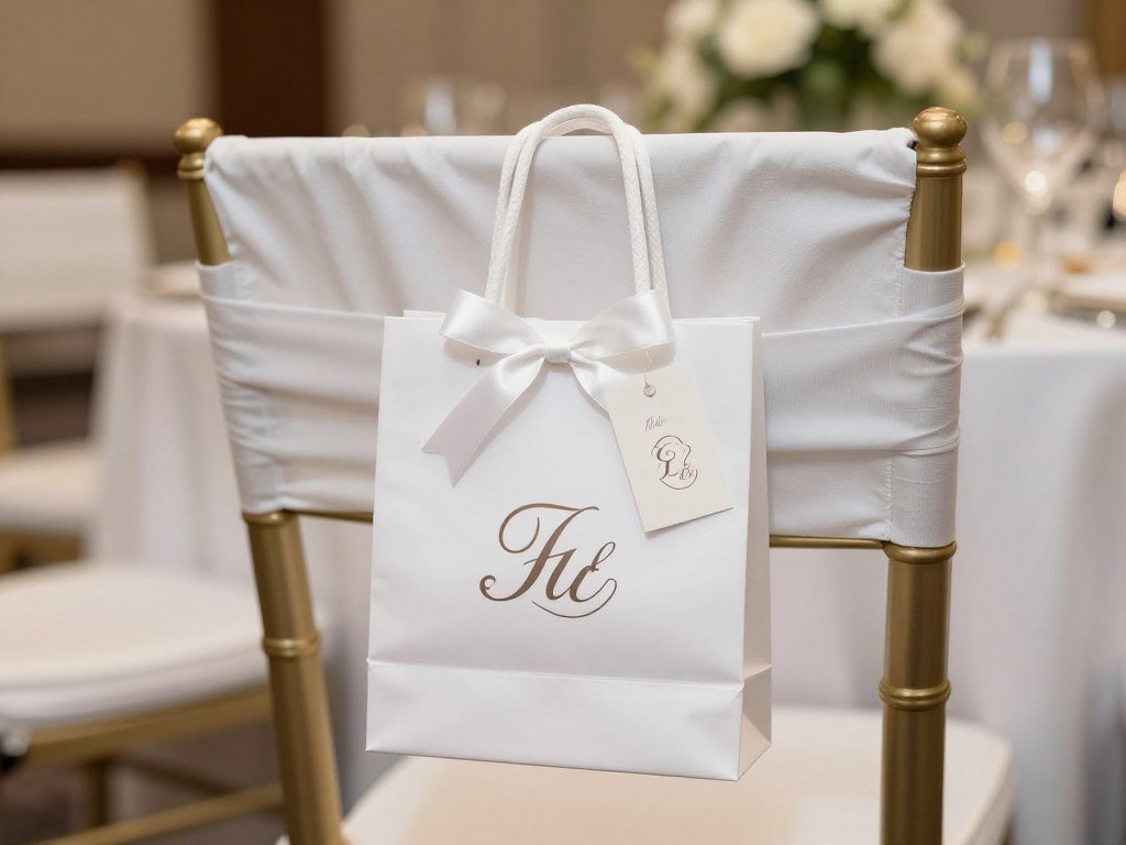 Wedding reception chair with small favor bag attached