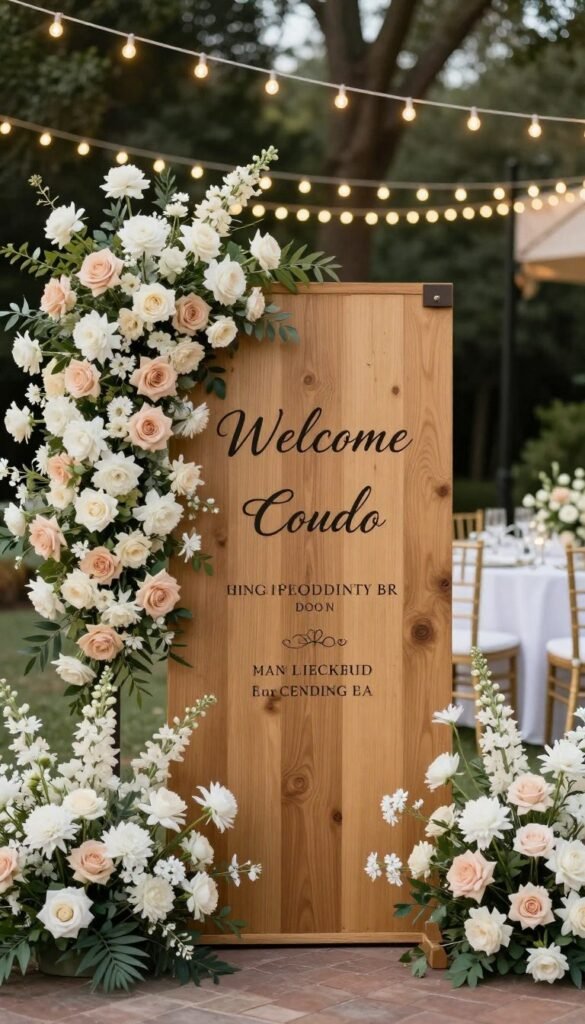 Wedding reception entrance decorated with welcome sign and floral arrangements