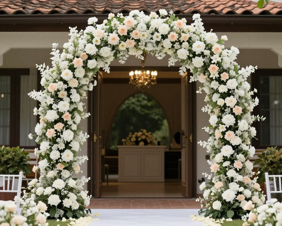 Wedding reception entrance with floral arch and flower petal pathway