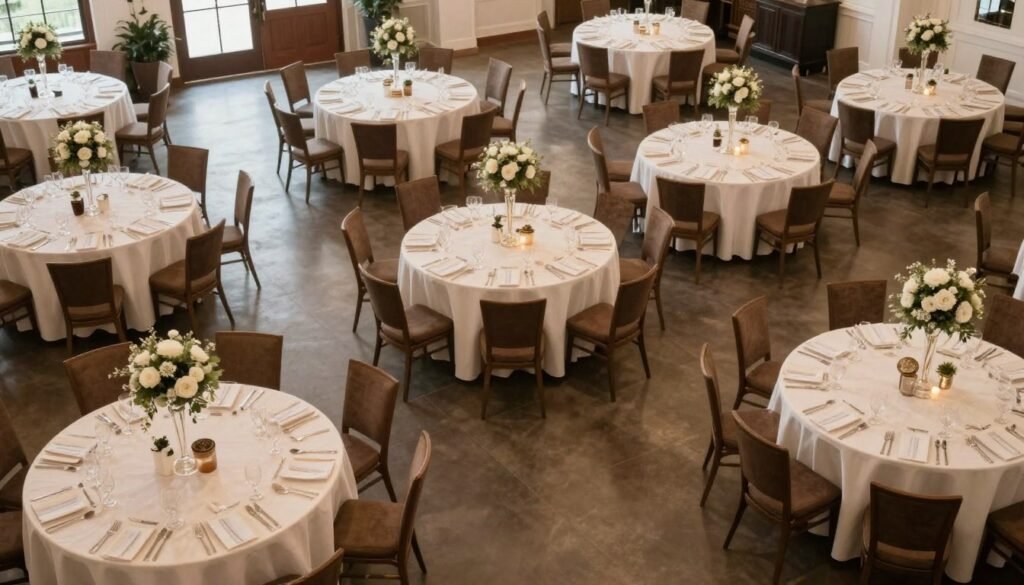 Wedding reception layout with properly spaced round tables and varied centerpieces