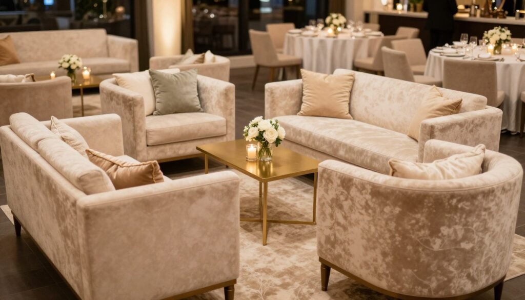 Wedding reception lounge area with velvet furniture in neutral tones, accent pillows, and elegant side tables with floral arrangements Wedding reception lounge area with velvet furniture in neutral tones, accent pillows, and elegant side tables with floral arrangements