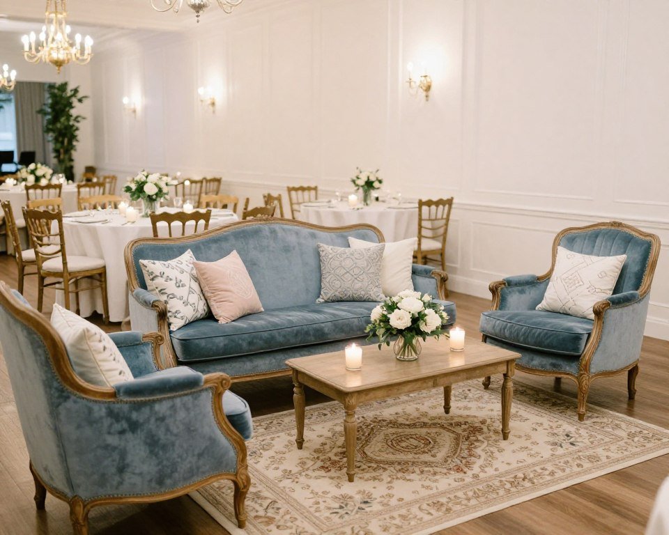 Wedding reception lounge area with vintage furniture, plush pillows, and decorative accents Wedding reception lounge area with vintage furniture, plush pillows, and decorative accents