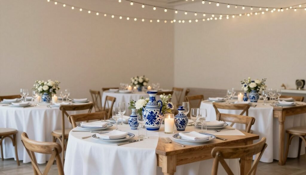 Wedding reception space showing balanced use of Talavera elements with neutral backgrounds Wedding reception space showing balanced use of Talavera elements with neutral backgrounds